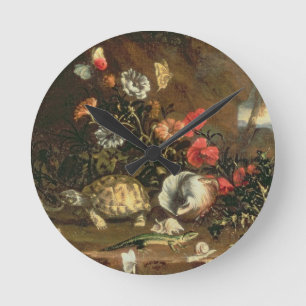 Thistles, flowers, reptiles and butterflies beside round clock