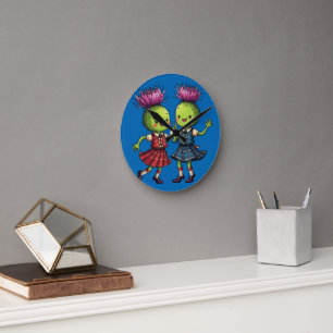 Thistles Wearing Plaid Dancing Scottish Ceilidh Round Clock