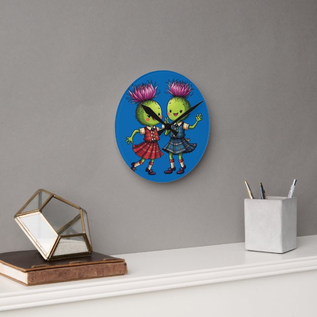 Thistles Wearing Plaid Dancing Scottish Ceilidh Round Clock (Office)