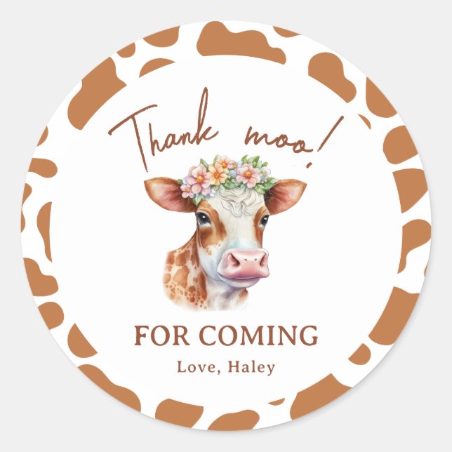 Thnak Moo Floral Brown Print 1st Baby Birthday Classic Round Sticker (Front)