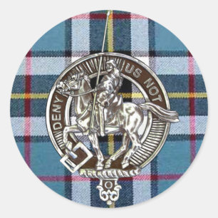 Thom(p)son clan crest on dress blue tartan classic round sticker