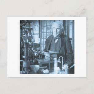 Thomas Edison in His Lab Stereoview Cyan Toned Postcard