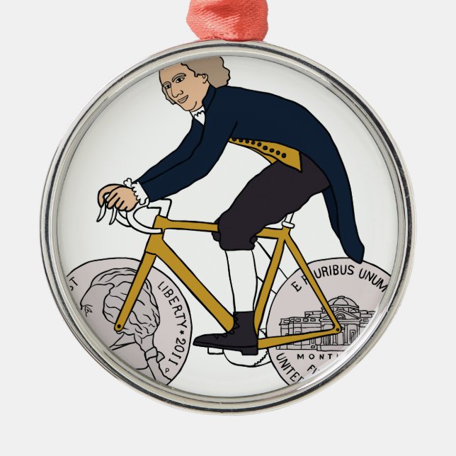 Thomas Jefferson Riding Bike W/ Nickel Wheels Metal Tree Decoration (Front)