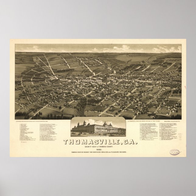 Thomasville Georgia 1885 Antique Panoramic Map Poster (Front)