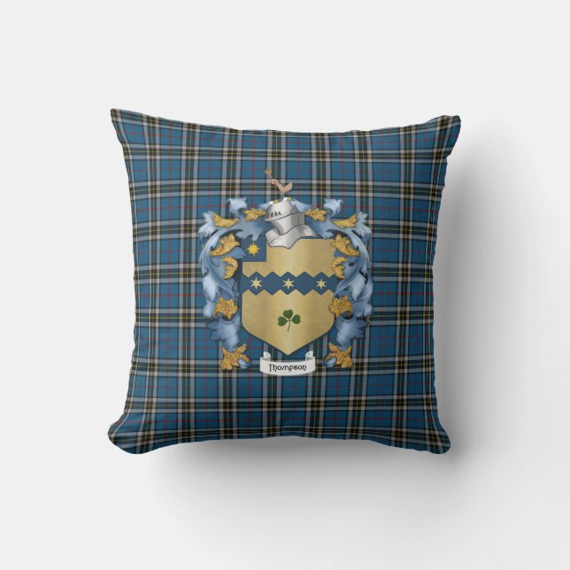 Thompson Family Crest and Tartan Plaid Cushion (Front)