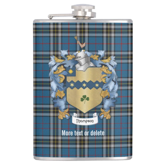 Thompson Family Crest and Tartan Plaid Hip Flask (Front)