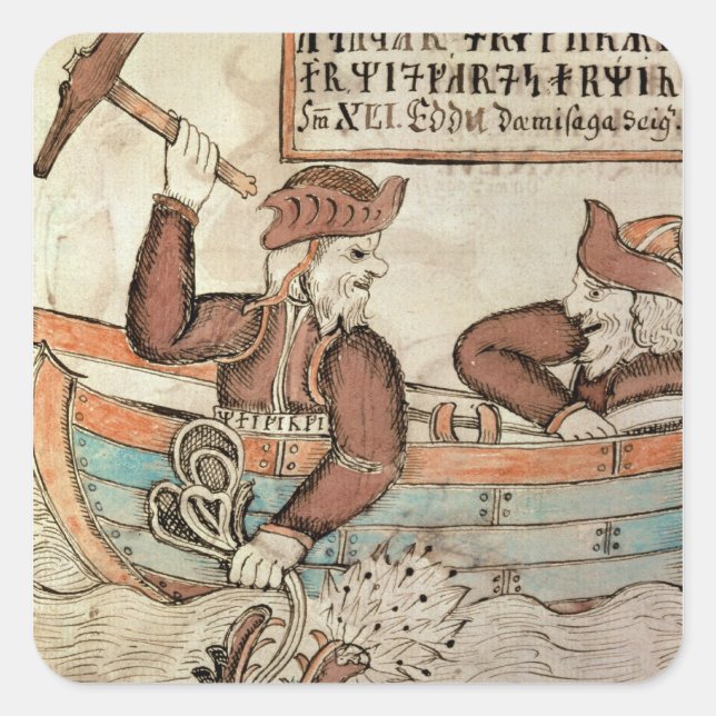 Thor fishing for the serpent of Midgard Square Sticker (Front)