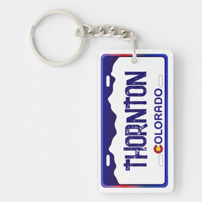 Thornton Colorado blue license plate keychain (Front)