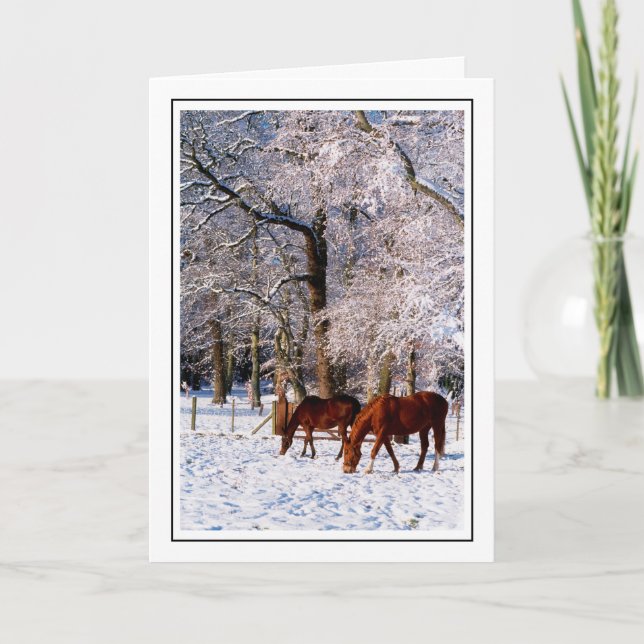 Thoroughbred Horses in Snow Holiday Card (Front)