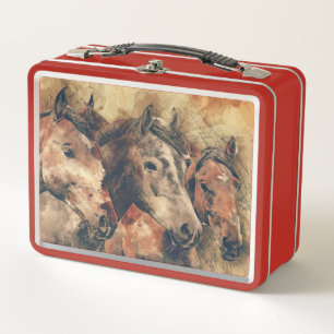 Thoroughbred horses running in a field metal lunch box