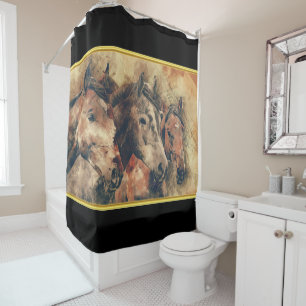 Thoroughbred horses running in a field shower curtain