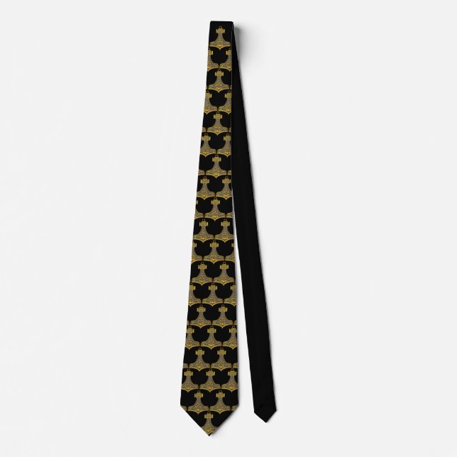 Thor's Hammer Gold Black Background Tie (Front)