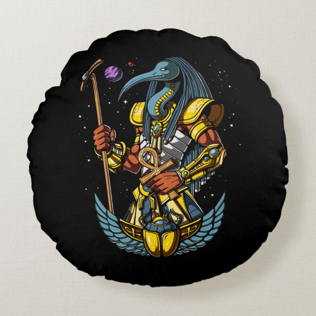 Thoth Egyptian God Ankh Scarab Ancient Symbol Round Cushion (Front)
