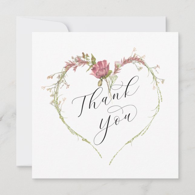 Thoughtful Floral Heart Calligraphy Script Thank You Card (Front)