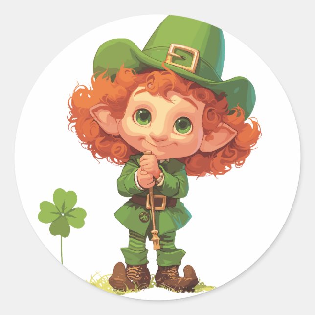 Thoughtful Leprechaun Child Pondering Classic Round Sticker (Front)