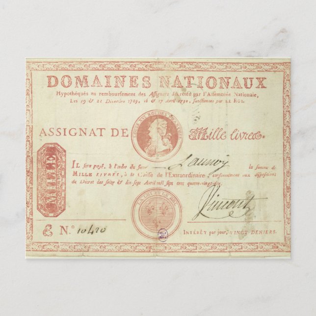 Thousand livre banknote with Louis XVI's Postcard (Front)