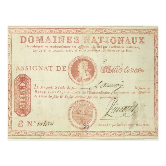 Thousand livre banknote with Louis XVI's Postcard