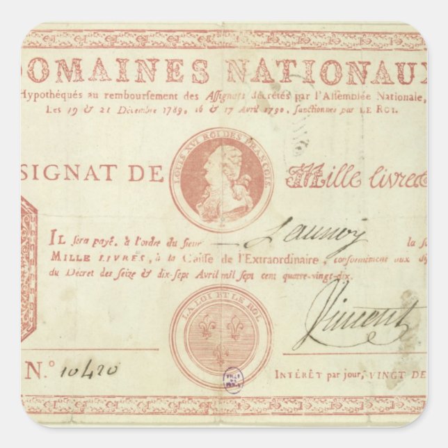 Thousand livre banknote with Louis XVI's Square Sticker (Front)