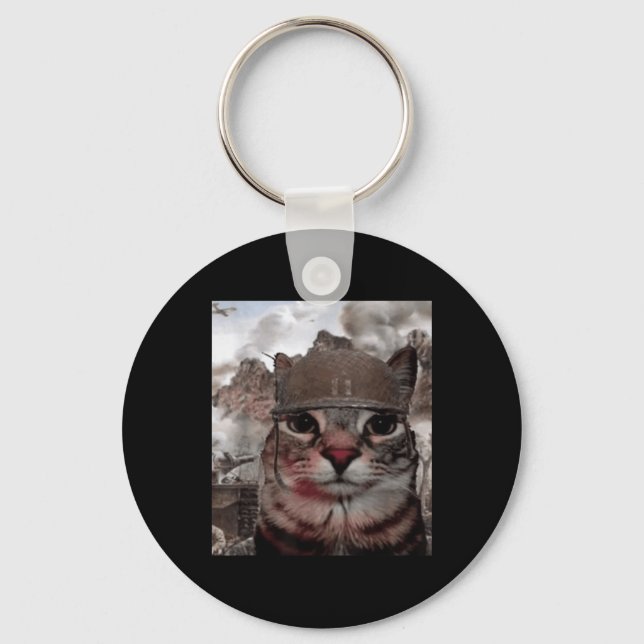 Thousand Yard Stare Funny Soldier Cat Meme In Batt Key Ring (Front)