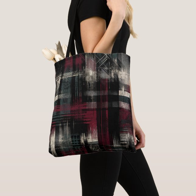 Thrashed Grungy Alternative Grunge Plaid Pattern Tote Bag (Close Up)