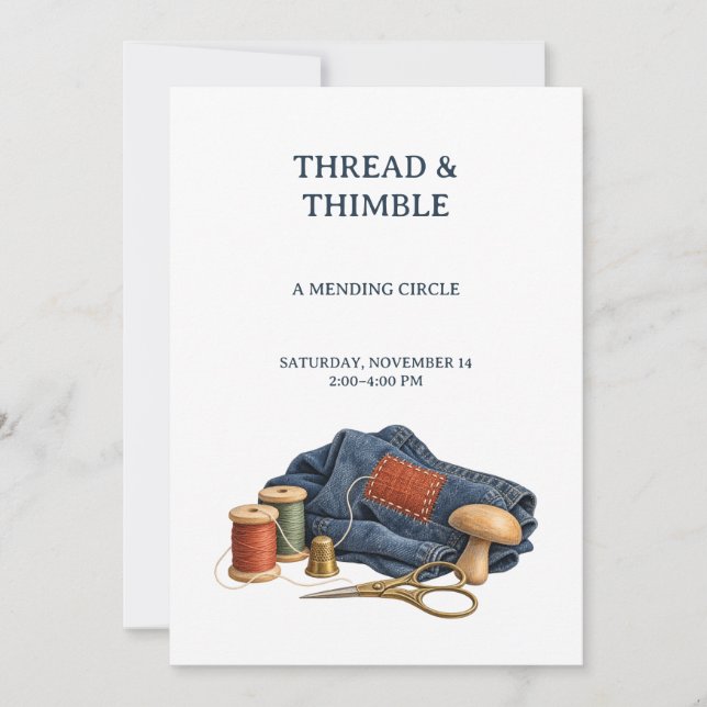 Thread and Thimble Mending Circle Invitation (Front)