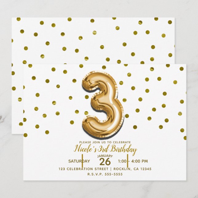 Three 3 Gold Balloon Confetti 3rd Birthday Party Invitation (Front/Back)