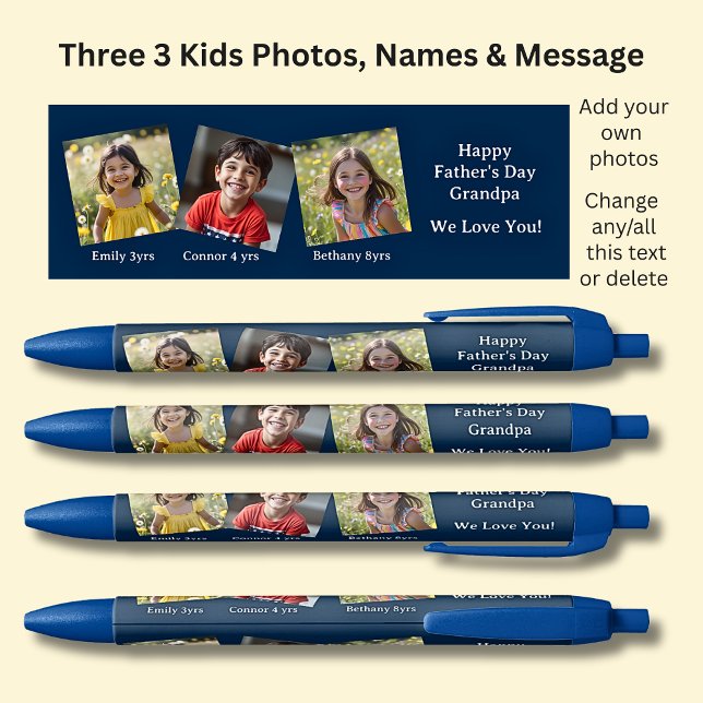 Three 3 Photos with Names & Message Blue on Blue Ink Pen (Creator Uploaded)