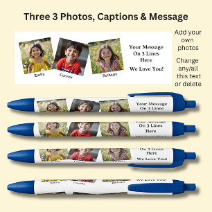 Three 3 Photos with Names & Message White on Blue Blue Ink Pen