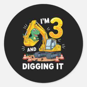 Three 3yr 3rd Birthday Construction Dinosaur Boy 3 Classic Round Sticker