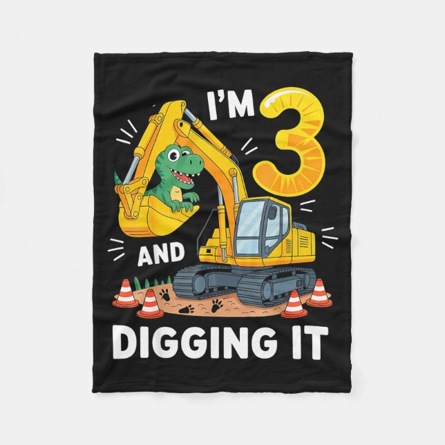 Three 3yr 3rd Birthday Construction Dinosaur Boy 3 Fleece Blanket (Front)