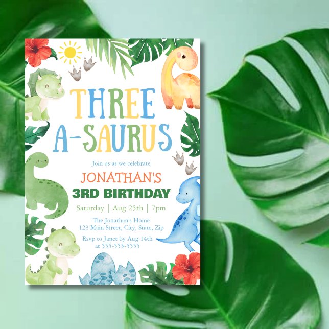 Three A-Saurus Dino 3rd Birthday Invitation (Creator Uploaded)
