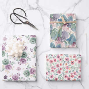 Three Abstract Watercolor Teal Mauve Beige Pattern Wrapping Paper Sheet