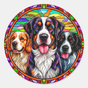 Three Adorable Dogs Stained Glass Style Portrait Classic Round Sticker