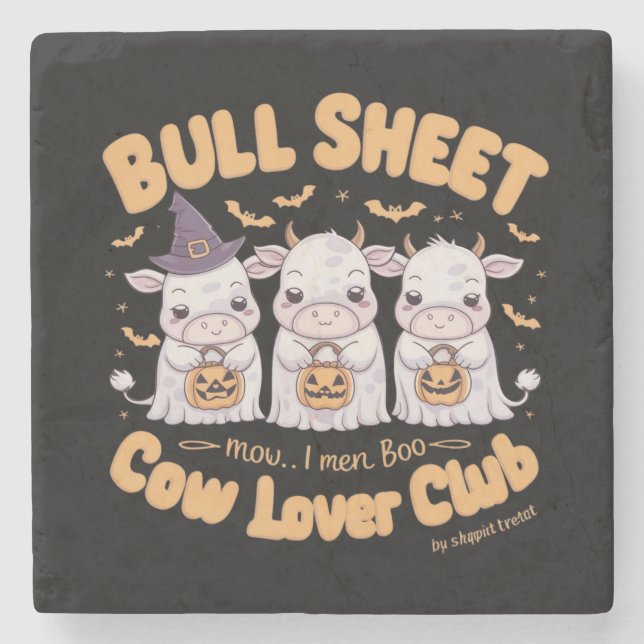 Three adorable ghost cows dressed up for Halloween Stone Coaster (Front)