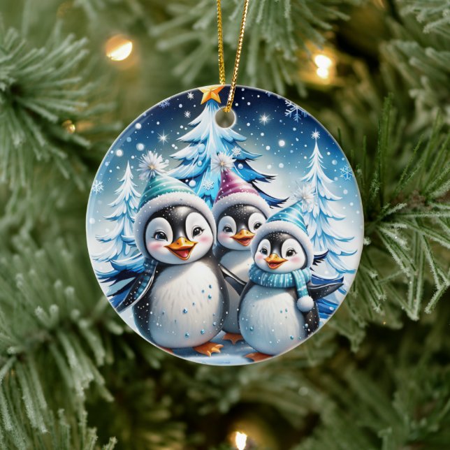 Three adorable penguins  ceramic tree decoration (Tree)