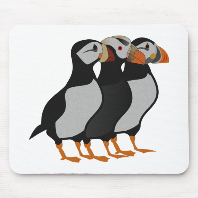Three Adorable Puffin Standing Together Cartoon Mouse Mat (Front)