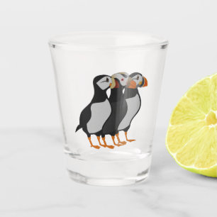 Three Adorable Puffin Standing Together Cartoon Shot Glass