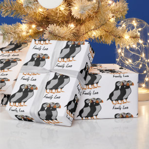 Three Adorable Puffin Standing Together Cartoon Wrapping Paper
