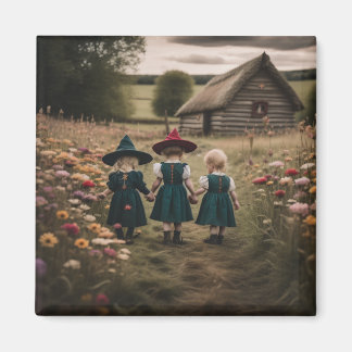 Three Adorable Witch Sisters Walking Home Magnet