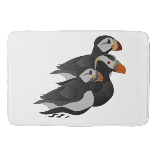 Three Adorably Friendly Puffins Swimming Cartoon Bath Mat (Front)