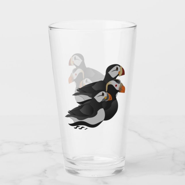 Three Adorably Friendly Puffins Swimming Cartoon Glass (Front)