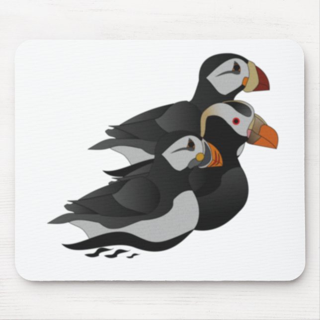Three Adorably Friendly Puffins Swimming Cartoon Mouse Mat (Front)
