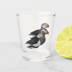 Three Adorably Friendly Puffins Swimming Cartoon Shot Glass
