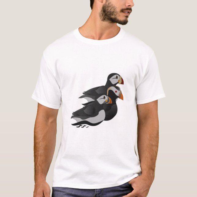 Three Adorably Friendly Puffins Swimming Cartoon T-Shirt (Front)