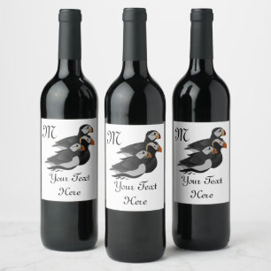 Three Adorably Friendly Puffins Swimming Cartoon Wine Label