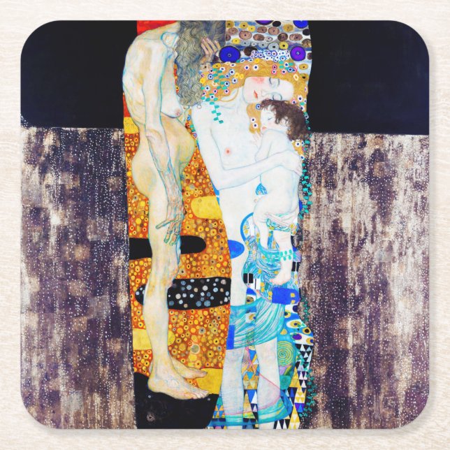 Three Ages of Life, Gustav Klimt Square Paper Coaster (Front)