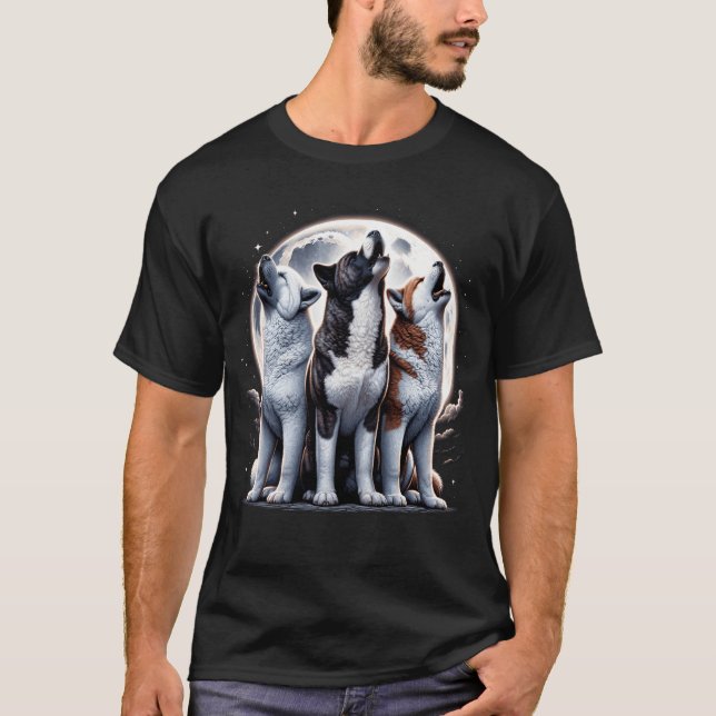 Three Akita Howling at Moon Like Three Wolves T-Shirt (Front)