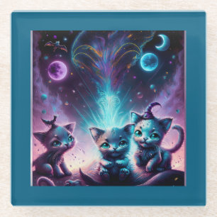 Three Alien Kittens In An Otherworldly Setting Glass Coaster