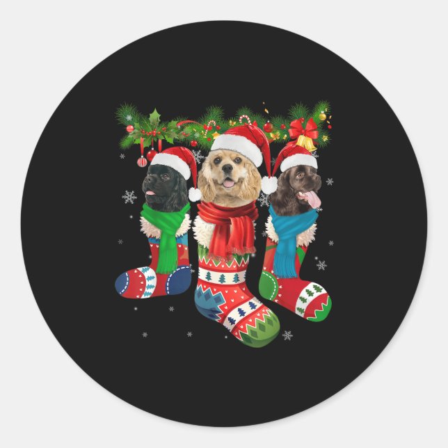 Three American Er Spaniels In Christmas Socks  Classic Round Sticker (Front)