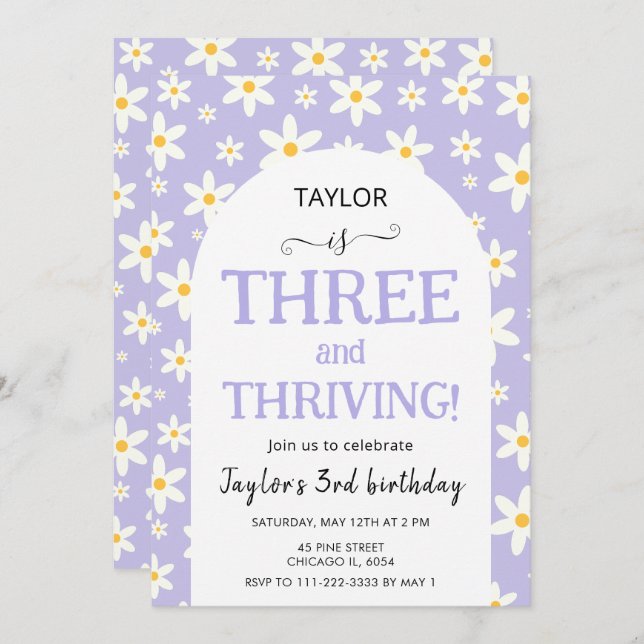 THREE and Thriving Purple Daisy 3rd Birthday Invitation (Front/Back)